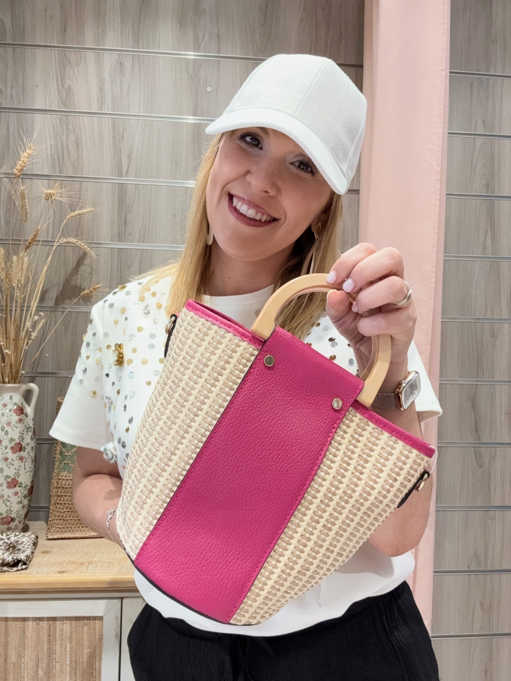 Bolso Cesta Rosa con Asa y Correa Bandolera