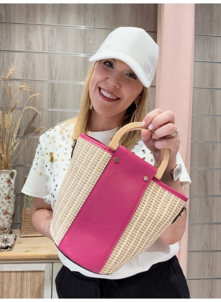 Bolso Cesta Rosa con Asa y Correa Bandolera