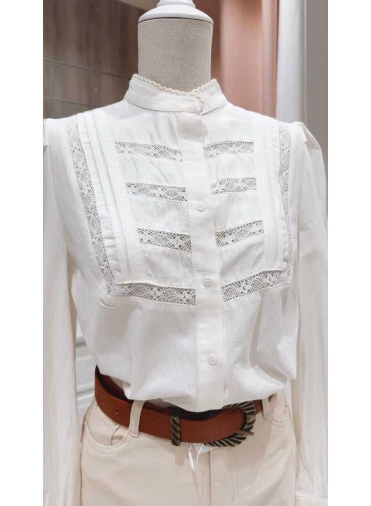 Camisa Paula Blanca Mujer Algodón 100% con Encaje y Cuello Mao