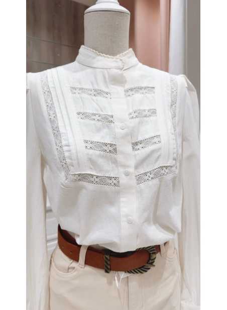 Camisa Paula Blanca Mujer Algodón 100% con Encaje y Cuello Mao
