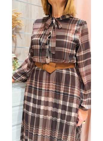 Vestido Isabel midi de cuadro escocés marrón con lazo al cuello