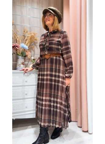 Vestido Isabel con detalle de cinturón camel y mangas largas transparentes