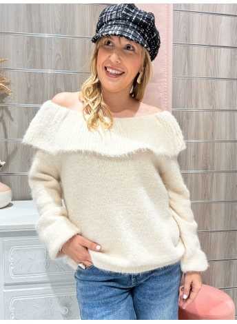 Jersey Lidia color beige con escote barco y volante superior, tejido esponjoso Le Munir